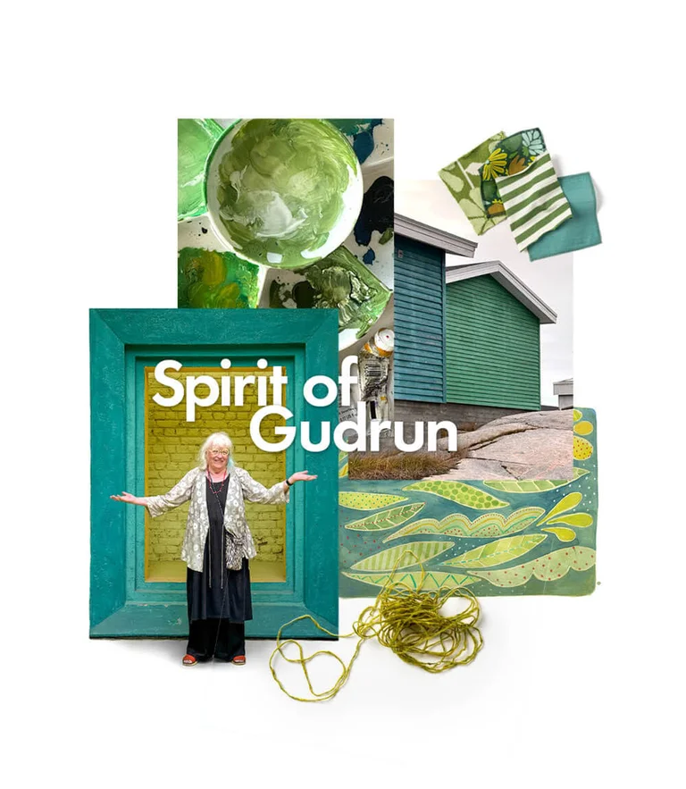 A collage showing various green images and items that are connected in different ways to Gudrun Sjödén.