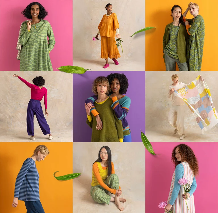 A collage of women wearing clothes from Gudrun Sjödén’s Essentials collection.