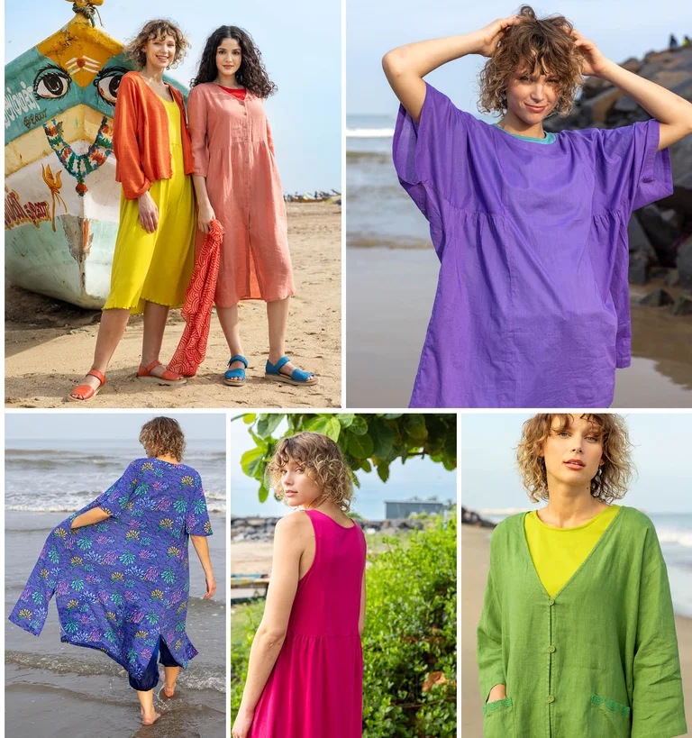 A collage of women on a beach wearing colourful summer clothes from Gudrun Sjödén.