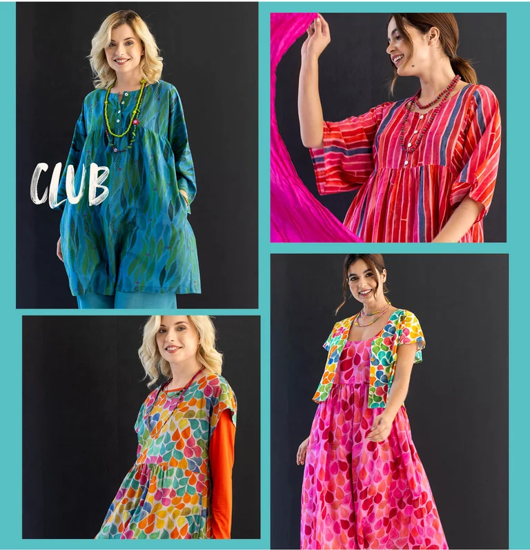 A collage of photos of women wearing colourful clothes from Gudrun Sjödén.