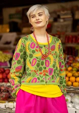“Fruit” patterned-knit cardigan in organic/recycled cotton - cicada