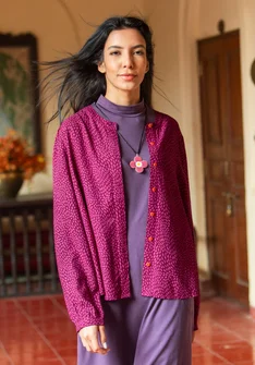 “Elin” dotted/solid-colour viscose/linen blouse - grape/patterned