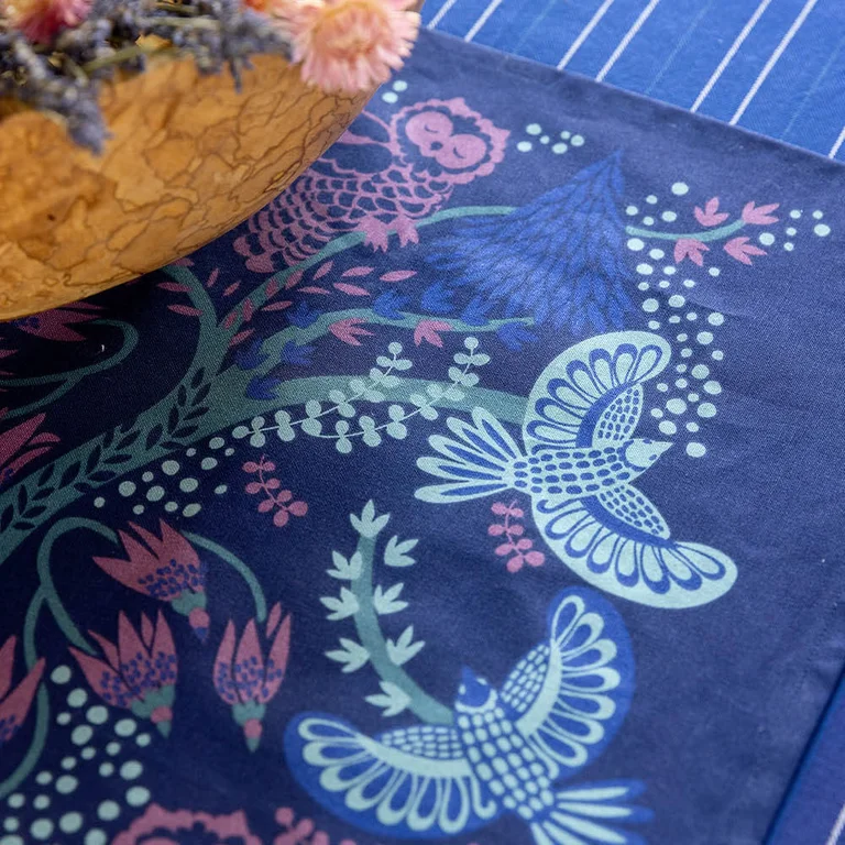A close-up of textile details in midnight blue with floral patterns from Gudrun Sjödén’s Alaska Home collection.