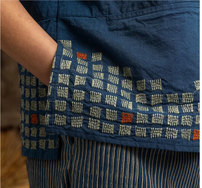 A close-up of an embroidered pattern on the hem of a blouse from Gudrun Sjödén.