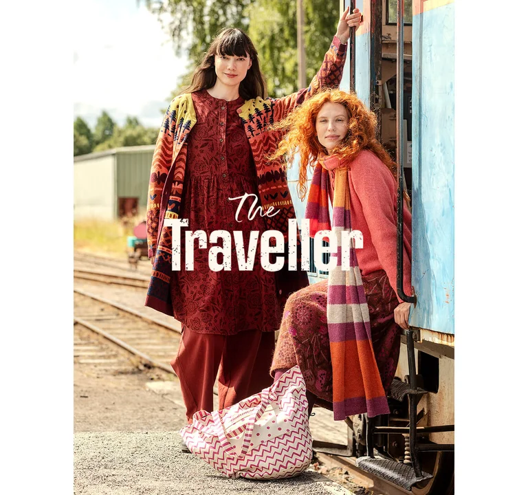 A collage of three different shots of women in outdoor settings wearing colourful clothes from The Traveller collection by Gudrun Sjödén.