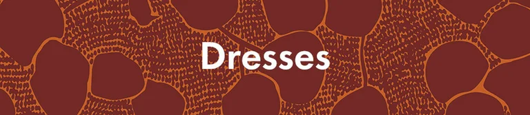 A dark red pattern with the word “Dresses” in white.